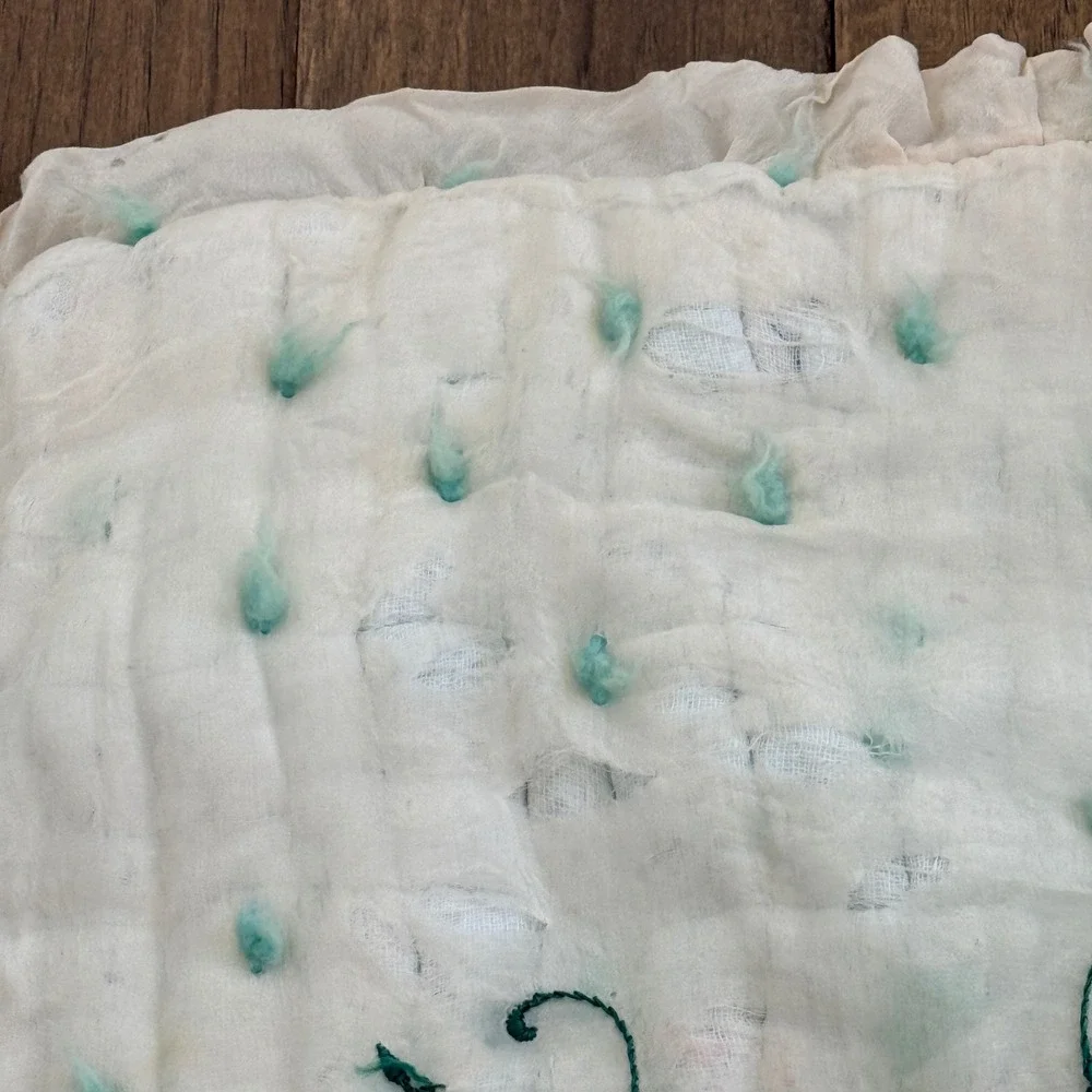 Vintage Hand Embroidered Floral Heart Baby Quilt Ruffle Trim White Teal Pink